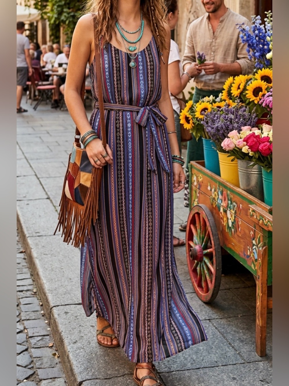 Forever 21 size M Striped Multicolor Maxi Dress with Split Leg and Belt
